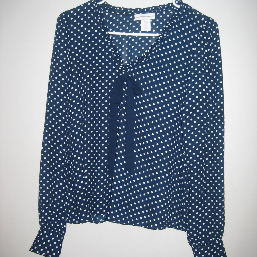 Polka Dot Tie-Neck Blouse - Navy